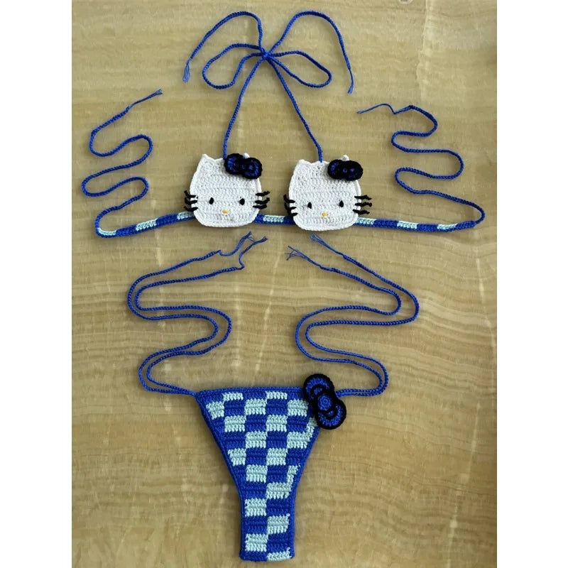 Sanrio Crochet Bikini Set Cute Girls Swimsuits Hello Kitty Sexy Bathing Suit Micro Ties Bikinis Beachwear Women Swimming Suit