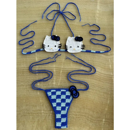 Sanrio Crochet Bikini Set Cute Girls Swimsuits Hello Kitty Sexy Bathing Suit Micro Ties Bikinis Beachwear Women Swimming Suit