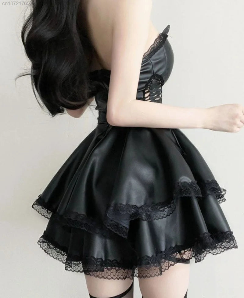 EtherealBe Gothic Black Party Dress for Women with Ruffled Hem and Lace Detailing