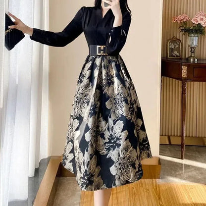 Spring Autumn Women's Clothing Long Sleeve V-Neck Button Floral Patchwork Sashes Casual Elegant Office Lady Midi Skirts Dresses