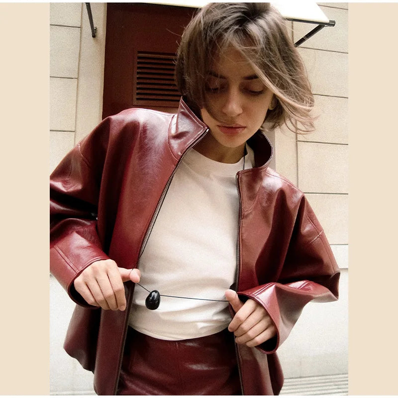 Leather Fashion Jacket Skirt Sets Women Zipper Loose Street Stand Collar Coats Straight Midi Skirts Suits 2025 Autumn Party Chic