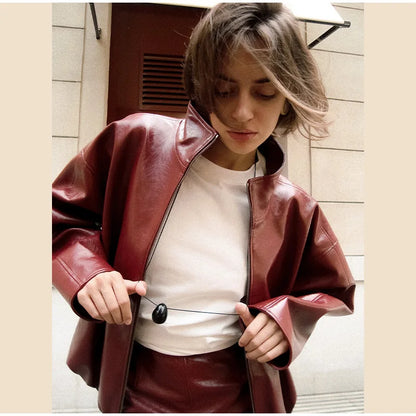Leather Fashion Jacket Skirt Sets Women Zipper Loose Street Stand Collar Coats Straight Midi Skirts Suits 2025 Autumn Party Chic
