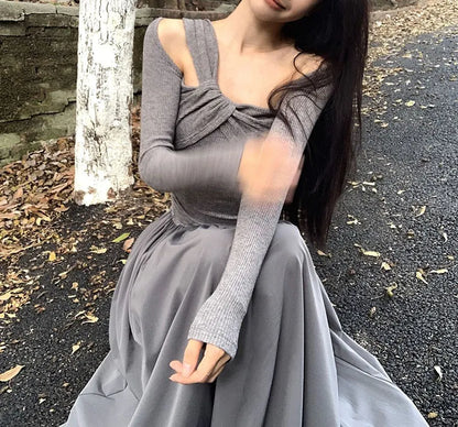 Autumn Skew Collar Halter Aura Dresses Solid Color Female Clothing Folds Stylish Irregular Basic Long Sleeve Spliced Long Dress