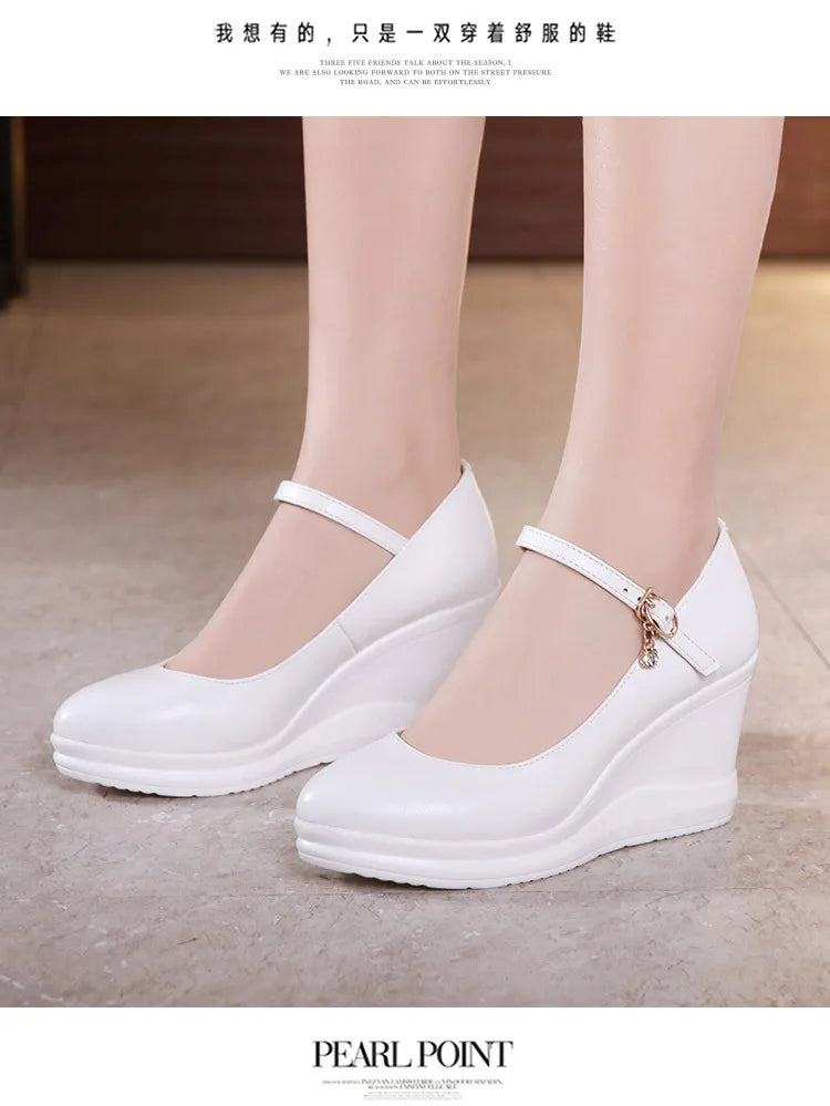 high quality leather shoe for women 7cm wedge high heel platform round toe 32 33 42 43 elegant and fashion shoe white red black
