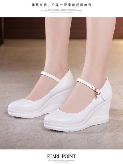 high quality leather shoe for women 7cm wedge high heel platform round toe 32 33 42 43 elegant and fashion shoe white red black