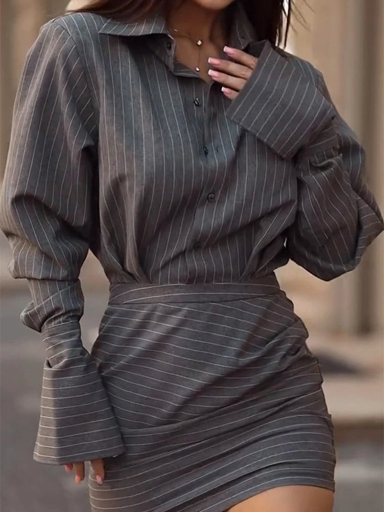 2025 Summer Fashion New Women's Elegant Office Staff Set Striped Collar Top Hip Wrapping Short Skirt Effect Two Piece Set