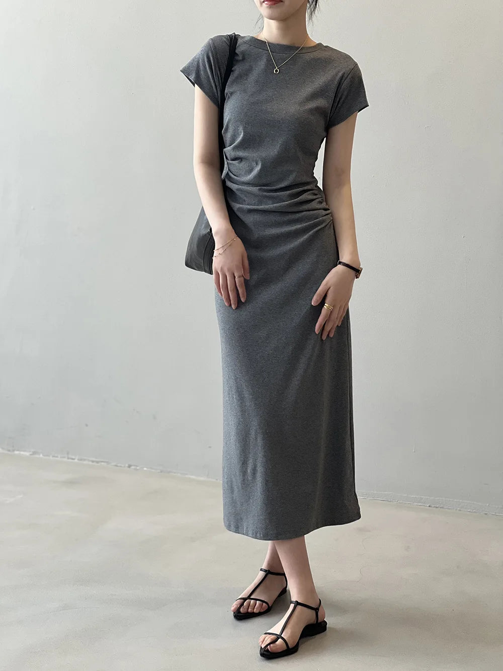 Slim Fit T-irt Dr Women's Spring Summer ort Sve Pleated Waist Cinching A-Line Midi Dr Small Stature 50