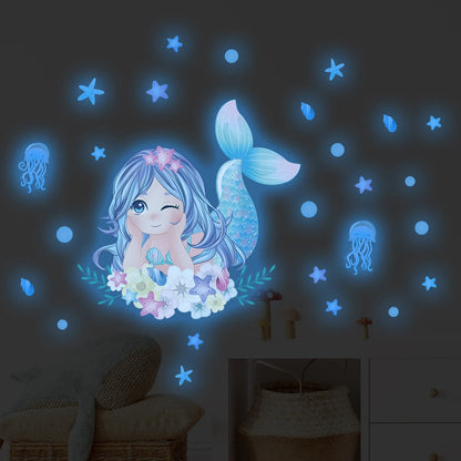 1Pc Cartoon Blue Light Glow Wall Stickers Kids Room Girls Room Decoration for Bedroom Children Living Room Decor for House