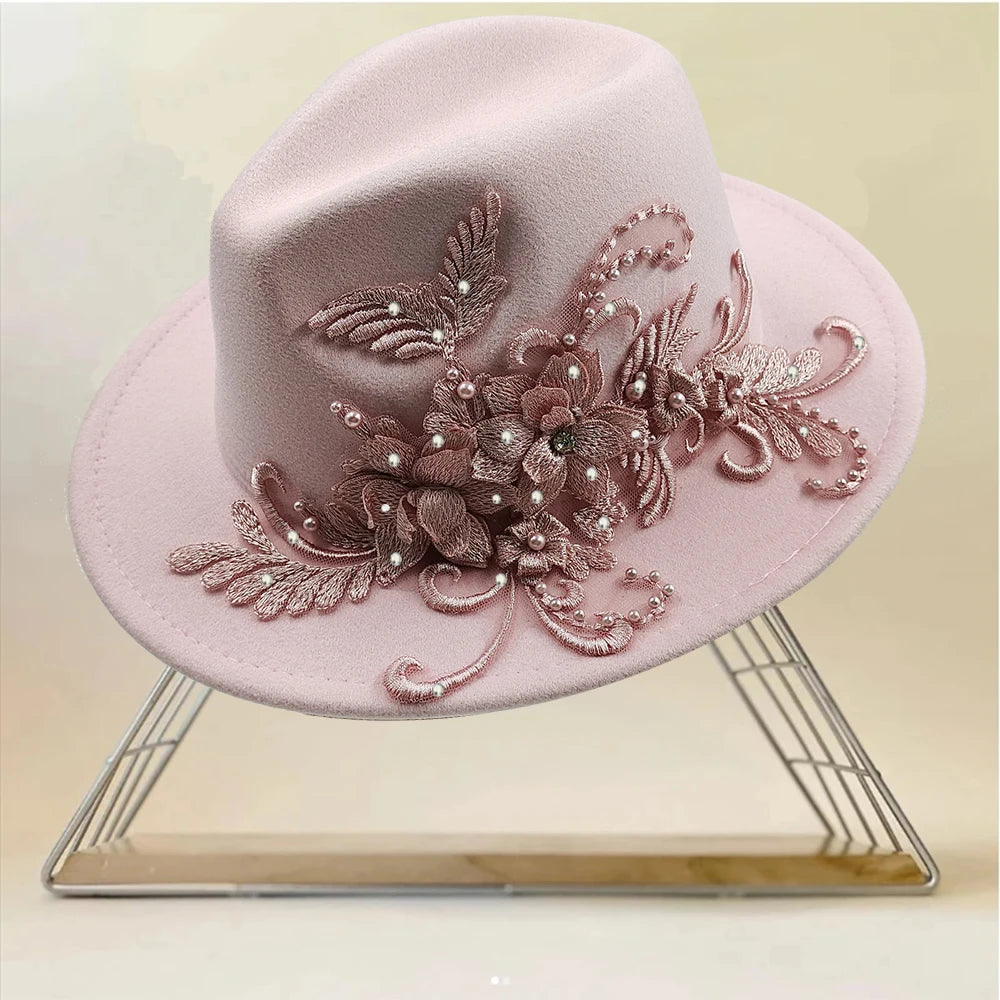 Embroidered three-dimensional flower fedora hat Women's jazz top hat Spring and autumn panama church fashion elegant wedding Hat