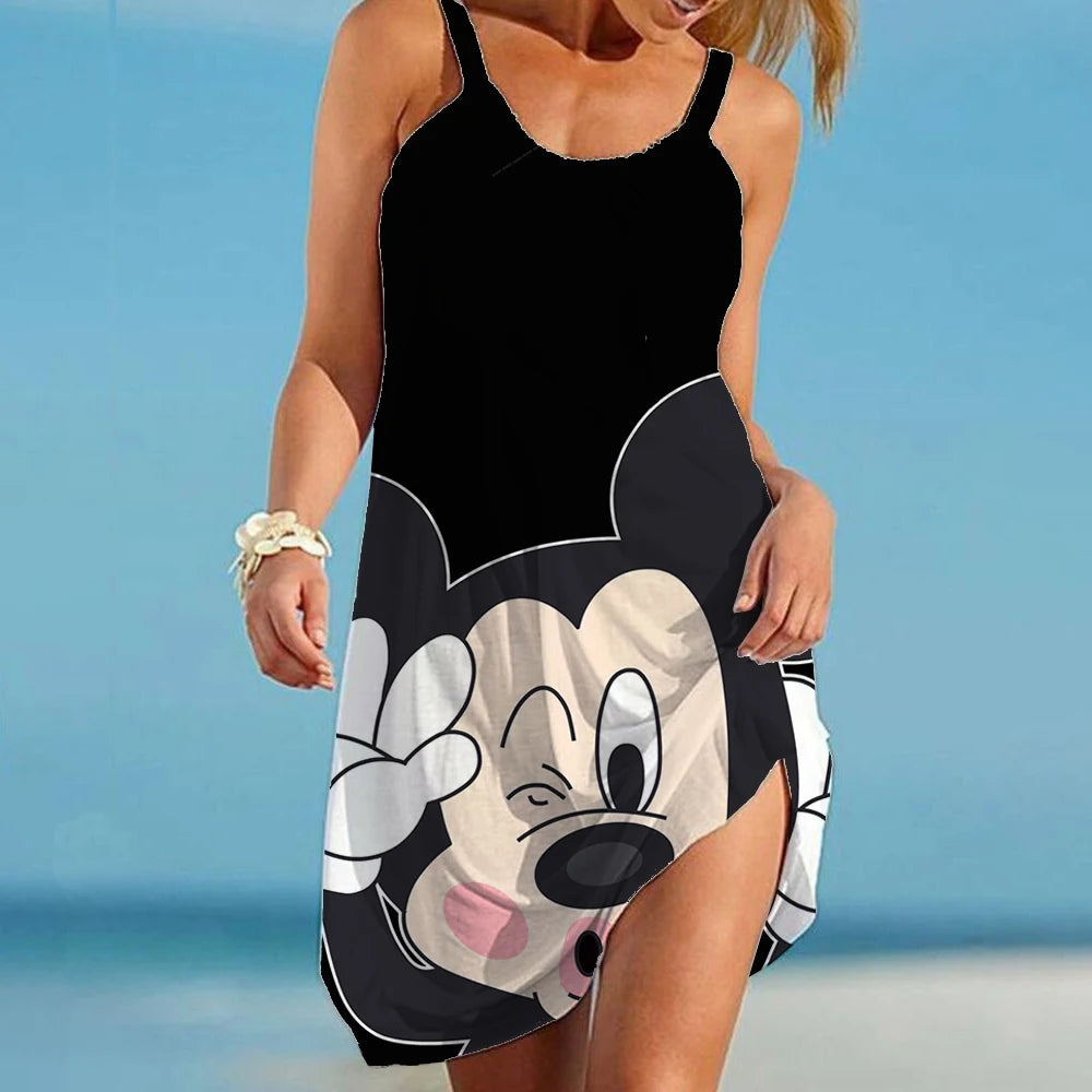 Disney - Mickey Minnie Summer 3D Print Cartoon Dresses For Women 2022 Backless Women's Beach Dress Cute Sexy Loose Sling Beach