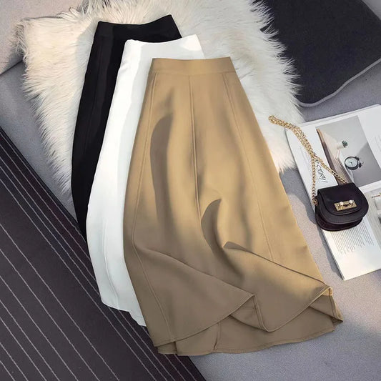 Lucyever Women Back Elastic Waist Mid-Calf Skirts Solid Color Casual Knee-Length A-Line Skirt Korean Summer Long Skirt Woman