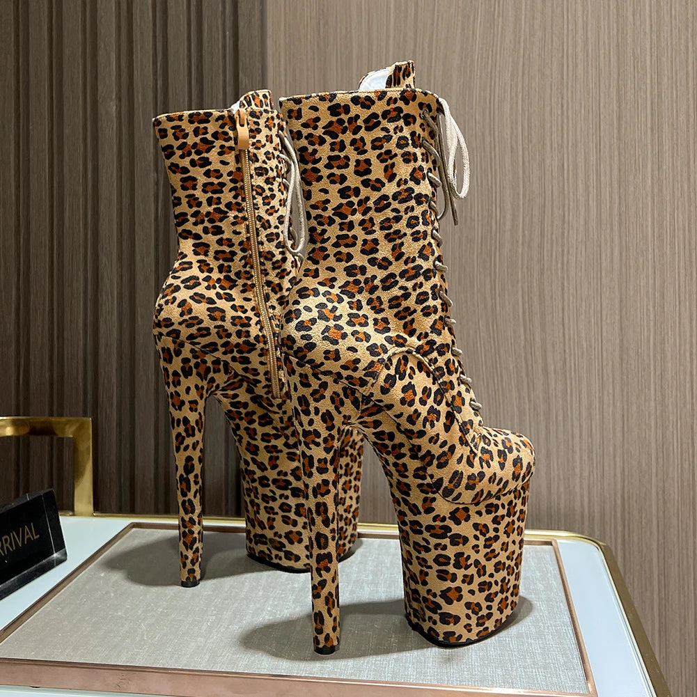 Sexy Fetish Leopard 20cm/8Inch Women's high-heeled Ankle Boots Lace-up Zip Platform Suede Pole Dance Shoes Large Size 44 WESTERN