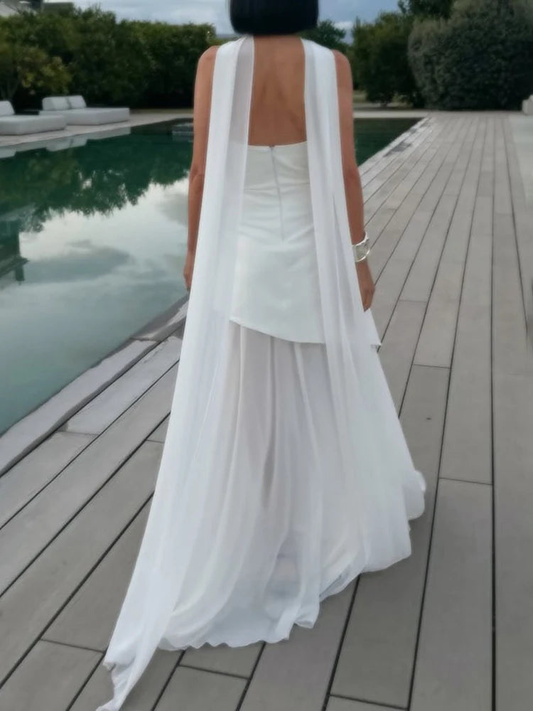 2025 Summer Women Fashion Strapless Dress With Ribbon Patchwork Elegant Sleeveless Mesh Split Dress Vacation Beach Long Dresses