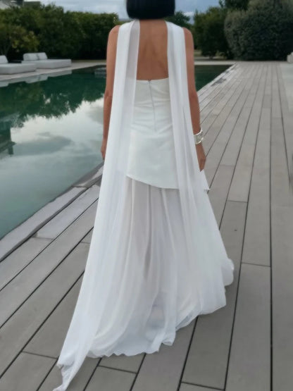 2025 Summer Women Fashion Strapless Dress With Ribbon Patchwork Elegant Sleeveless Mesh Split Dress Vacation Beach Long Dresses