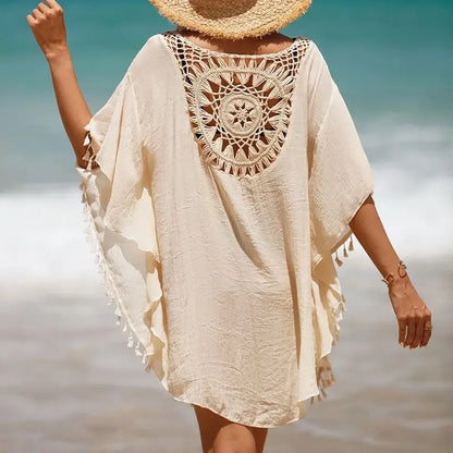 Women Casual Bohemian Holiday Outfits Beachwear Bikini Cover Up Summer Solid Color Hollow Out Beach Dress