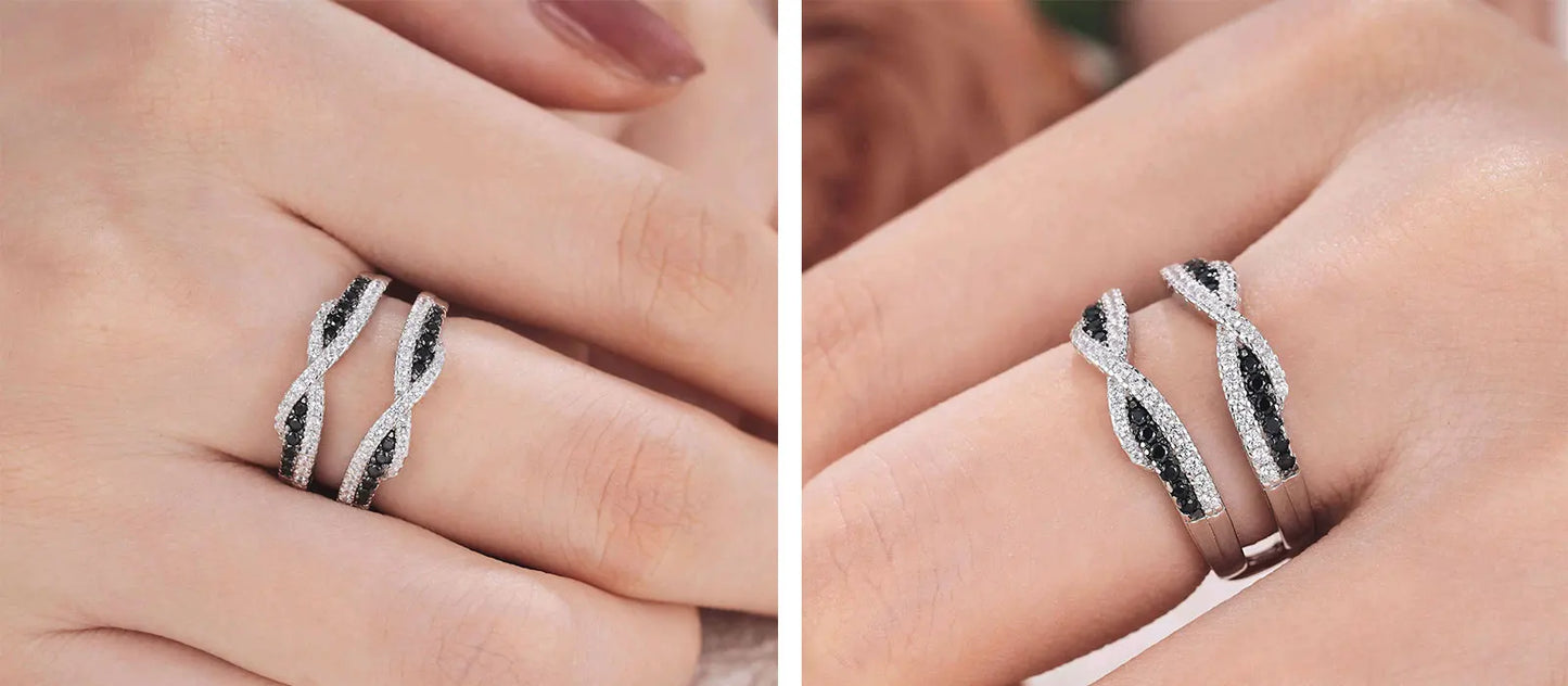 Newshe 925 Sterling Silver Black Blue White 5A Grade Cubic Zircon Wedding Ring Enhancer for Women Twist Rope Design Fine Jewelry