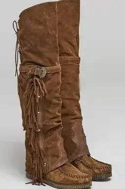 Fashion Bohemia Knee-length Women Boots Ethnic Personality High Boots Tassels Faux Suede Boots Girl Flat Bottom Long Botas Mujer