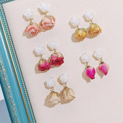 Unique Immortal Flower Earrings Elegant Natural Flower Pearl Drop Earrings Statement Jewelry Epoxy Resin Real Rose Earring 2024