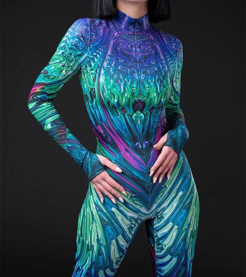 Cosplay Costume Female Woman Sexy Suit Color Element Blue Muscle Halloween Bodysuit Adults High-waisted Sports Jumpsuit