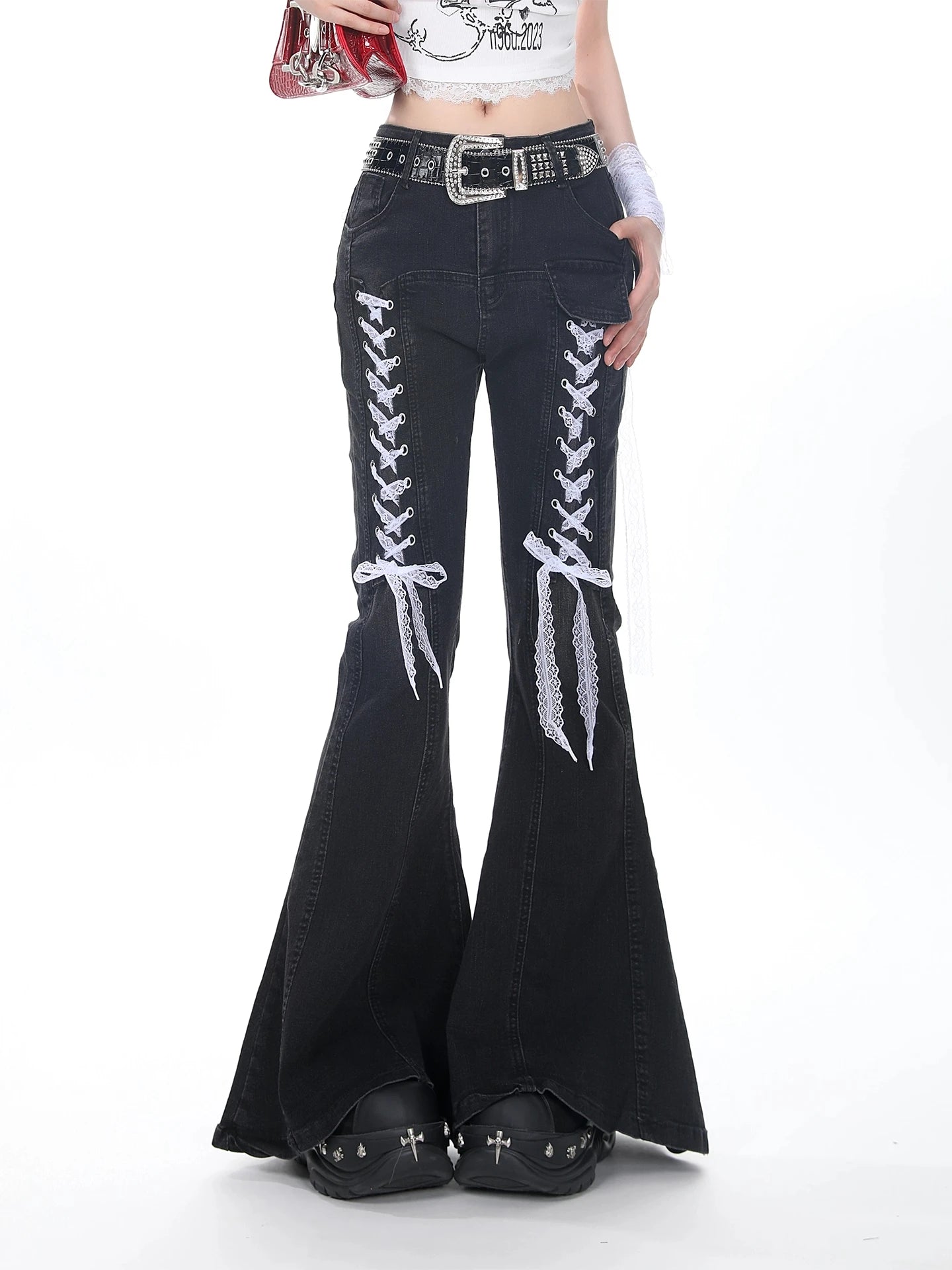2025 Autumn Winter Women Designer 2000s Harajuku Lace Gothic Flare Denim Pants Y2k Japanese Streetwear Jean Baggy Bell Bottom