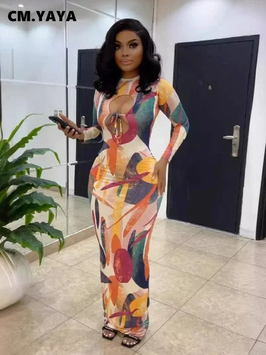 CM.YAYA Women Printed Cutout Front Long Sleeve O-neck Bodycon Midi Maxi Dress Evening Party Night Club Holiday Dresses Vestidos