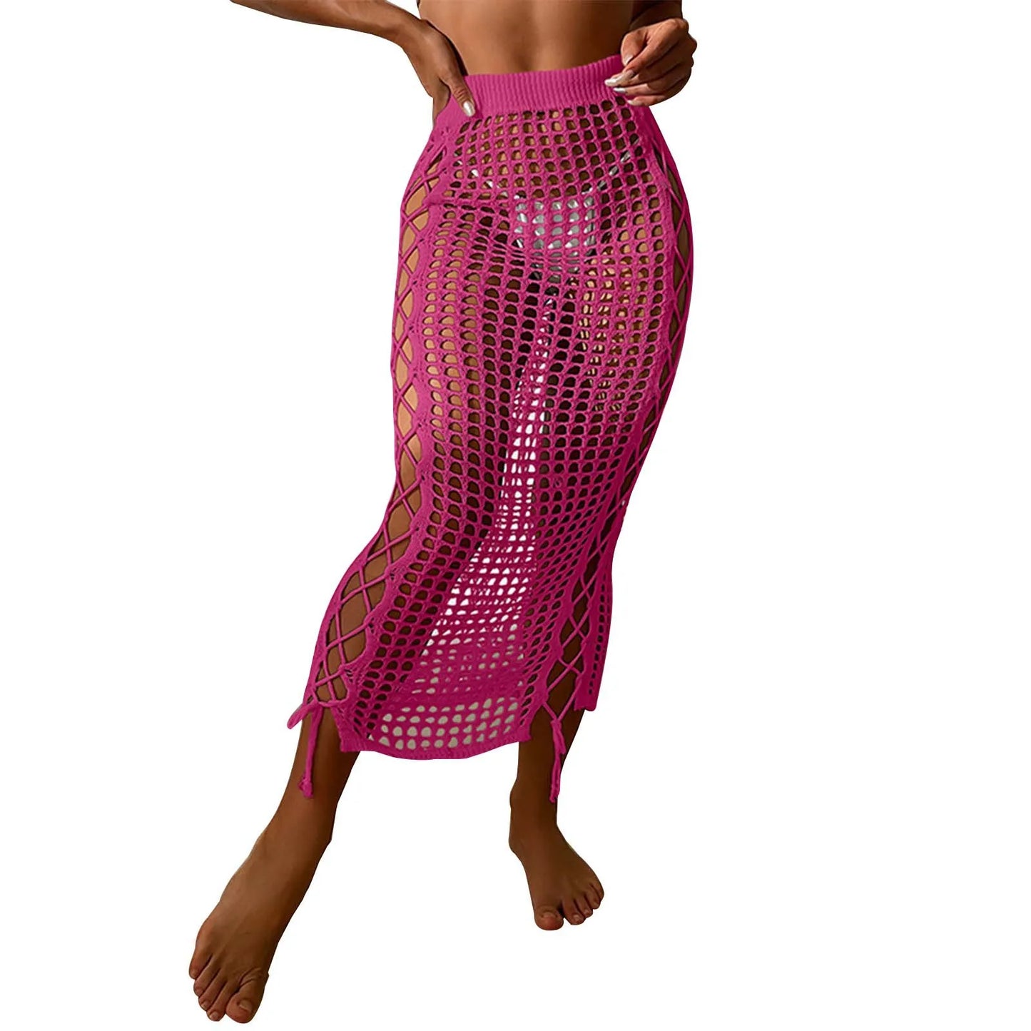 Summer Vacation Beach Cover Ups Women Crochet Knitting Skirts Sunscreen Solid Color High Waist Bodycon Hollow Out Long Skirt