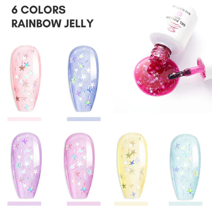 Makartt Gel Nail Polish Set Jelly Clear Glitter Pink Blue Soak Off Gel with Irridescent Stars, Crystal Transparent Nail Varnish