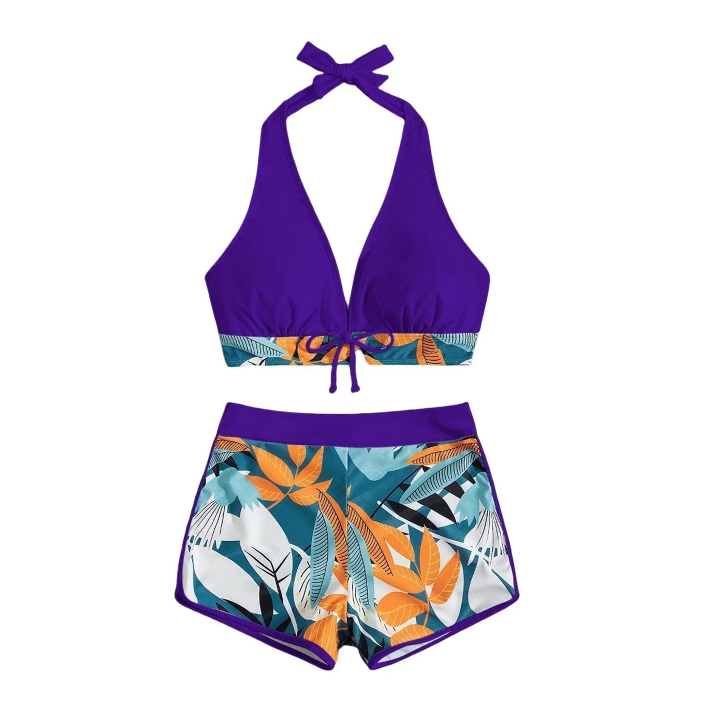 Women's Paneled Printed Swimsuit Ladies Fashion Sexy Split Boxer High Waist Swimsuit Two-Piece Set V-Neck Bathing Suits Female