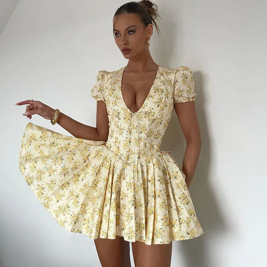 Cryptographic Elegant Puff Sleeve Corset Floral V Neck Mini Dress Fairy Grunge Outfits Fashion Vintage Dresses Holiday Vestido