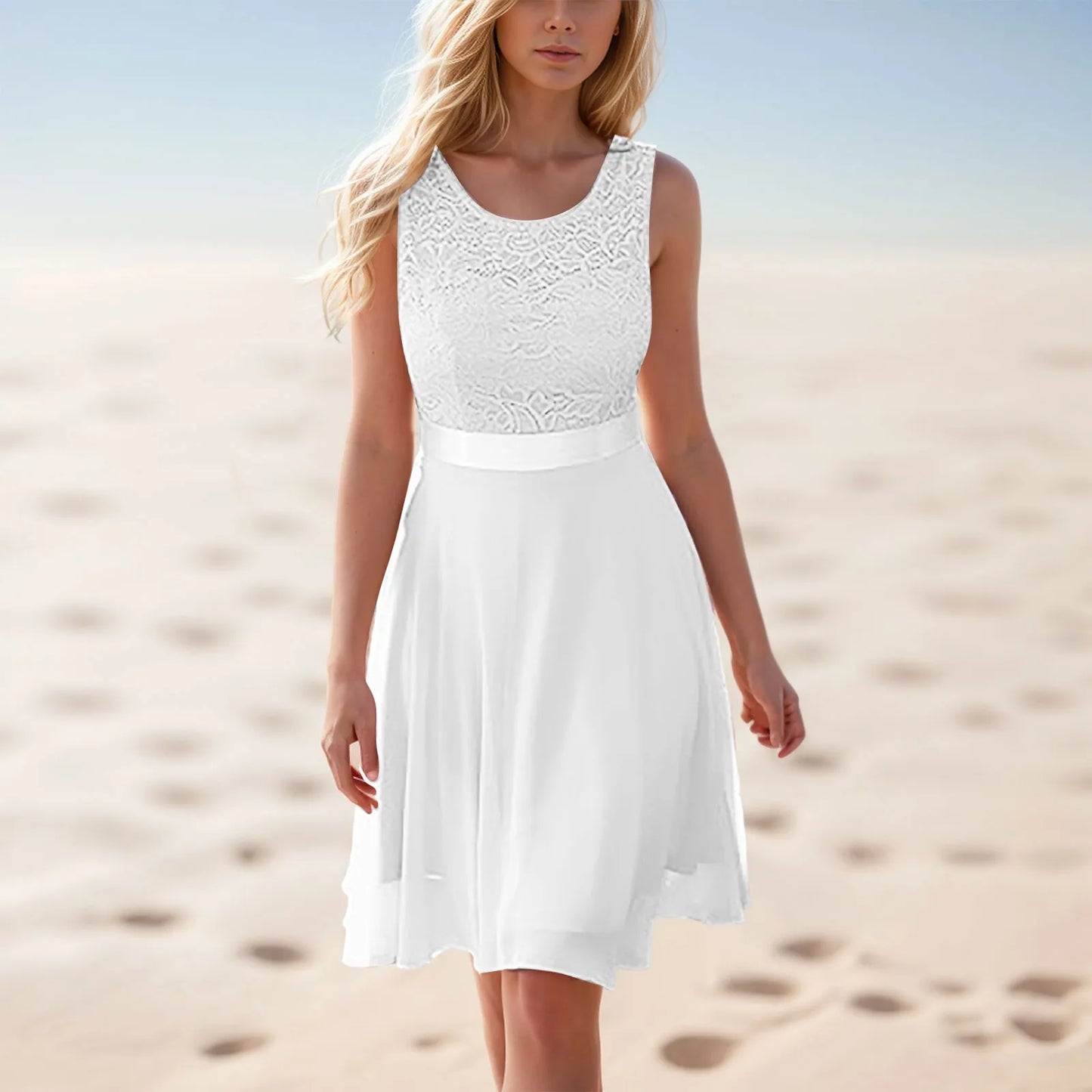 Summer Lace Trim Sundress For Ladies New Waisted Solid Color Sleeveless Lace White Dress Holiday Beach Dresses Party Vestidos