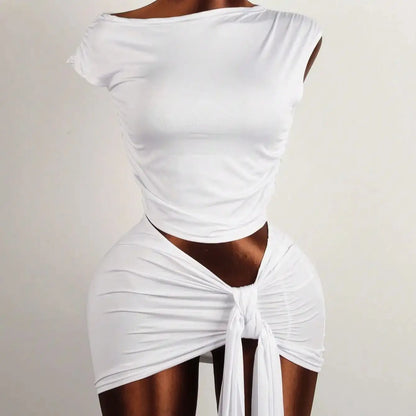 Akaily Summer Street Solid Color Slim Fit Two Piece Sets Sleeveless Asymmetrical Neck Tops+ Bodycon Skirt Set Party For Women