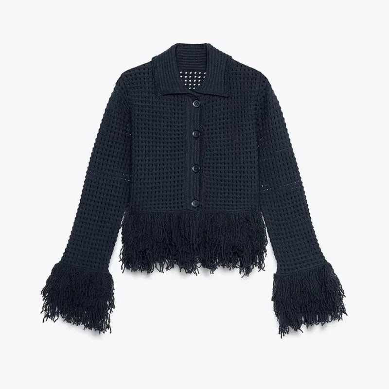 Sexy Knitted Tassel Top Skirt Women Set Dark Blue Long Sleeve Lapel Button Tops Pleated Mini Skirts 2025 Fashion Solid Lady Suit