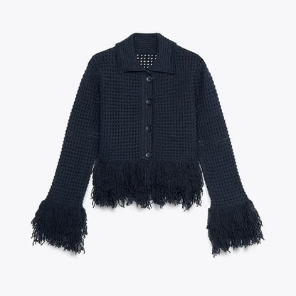 Sexy Knitted Tassel Top Skirt Women Set Dark Blue Long Sleeve Lapel Button Tops Pleated Mini Skirts 2025 Fashion Solid Lady Suit