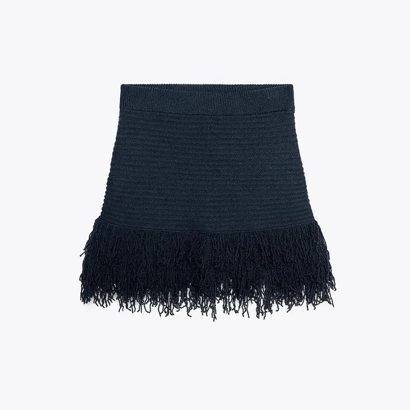 Sexy Knitted Tassel Top Skirt Women Set Dark Blue Long Sleeve Lapel Button Tops Pleated Mini Skirts 2025 Fashion Solid Lady Suit