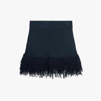 Sexy Knitted Tassel Top Skirt Women Set Dark Blue Long Sleeve Lapel Button Tops Pleated Mini Skirts 2025 Fashion Solid Lady Suit