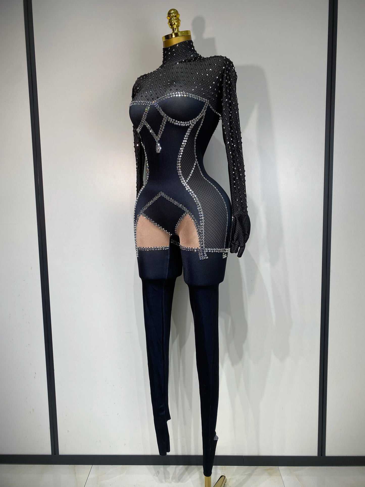 STOCK Sparkly Diamond Women Sexy Mesh Jumpsuit Nightclub Bar Party Show Gogo Dancer Clothing Drag Queen Outfit Stage Costume