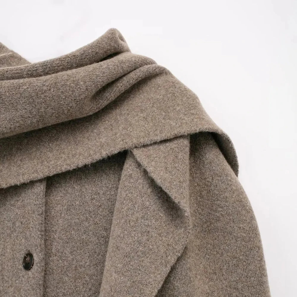 Women's Knitted Cardigan with Scarf Slim Casual Jacket Long Sleeve Patchwork Pocket Jacket Elegant Office Women's Sweater