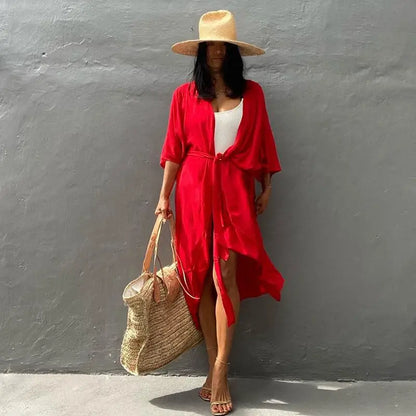 WeHello-Women's Beach Cover Up Kimono, Summer Swimsuit Cape, Solid Bohemian Tunic Dresses, Bathing Suits, Cardigan, Shawl