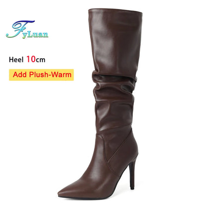 2025 Winter Knee Boots With Heels Woman 10CM Stiletto Fashion Slip on Pointy Autumn Shoes Women Soft Leather Pleated Long Boots
