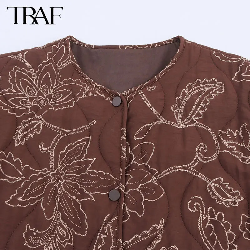 TRAF Early Autumn New Women's Elegant Printed Quilted Coat Women's Single Breasted Coat Women's Retro Street Clothing Jacket