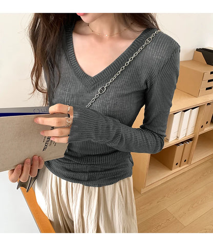Autumn Sexy Classic V-neck Knitted Female T-shirts New Elastic Fashion Slim Simple Casual Pure Color Long Sleeves Women T-shirts