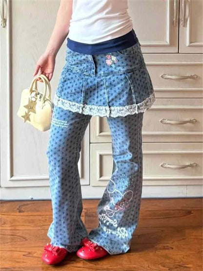 Women Shoujo Star Print Jean Y2k Japanese Harajuku Low Rise Patchwork Denim Flare Pants 2000s Kpop Bell-Bottom Long Trousers