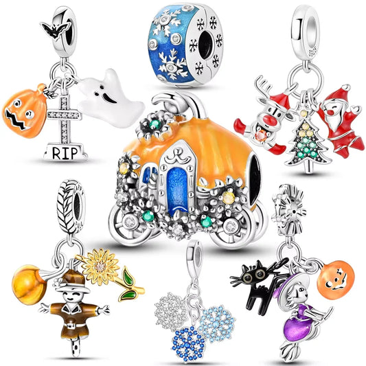 Halloween Christmas 925 Silver Charms Fit Original Bracelet For Women Jewelry Snow Christmas Tree Santa Claus