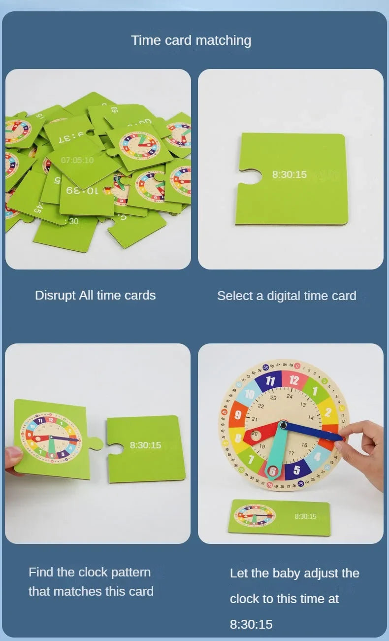 Wooden Clock Model Teaching Aid Montessori Learning Clocks with Cards Kindergartner Toy for Game Interaction Playroom Wall