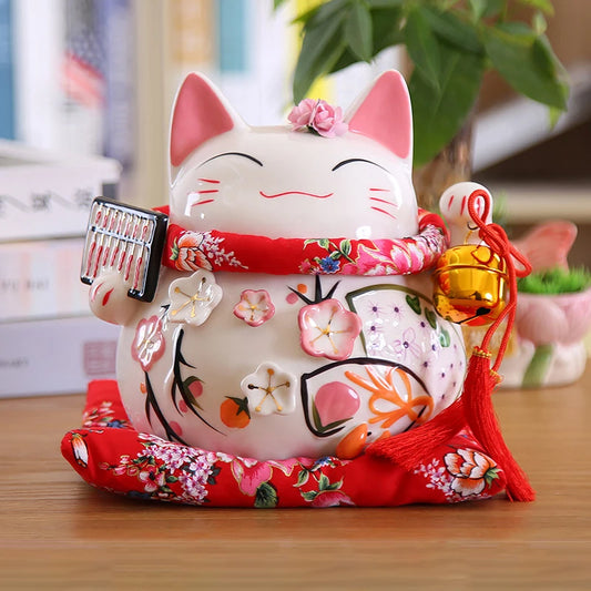 8 inch Japanese Maneki-Neko Ceramic Lucky Cat Fortune Cat Fengshui Statue Porcelain Money Box Home Decor Gift for Business