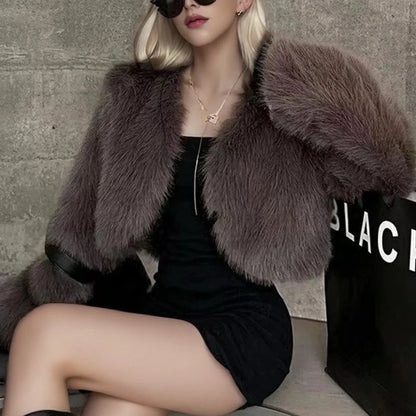 2025 Women Winter Plus Size Faux Fur Cropped Coat Female Furry Long Sleeve Plush Jacket Lady Large Fake Fur Warm Fluffy Cardigan