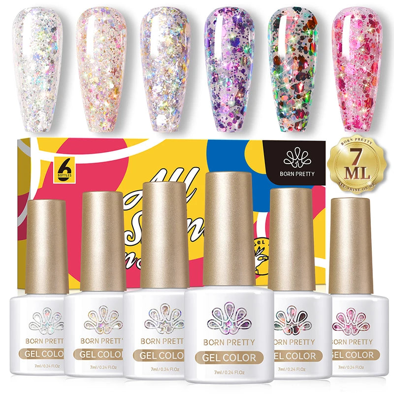 BORN PRETTY 7ml Glitter Gel Nail Polish Set Sparkly Shiny Gold Silver Pink Glitter Gel Polish Kit Winter Christmas Gift Box