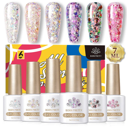 BORN PRETTY 7ml Glitter Gel Nail Polish Set Sparkly Shiny Gold Silver Pink Glitter Gel Polish Kit Winter Christmas Gift Box