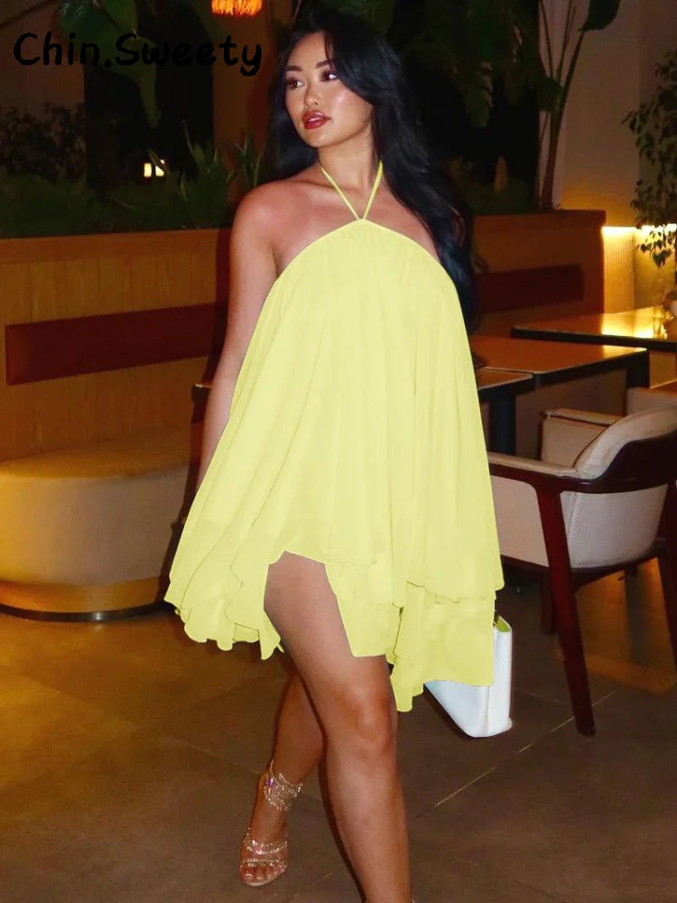 Elegant Halter Ruffles Short Dress Women Loose Solid Strapless Sleeveless Backless Dresses 2025 Summer Lady Beach Vacation Robes