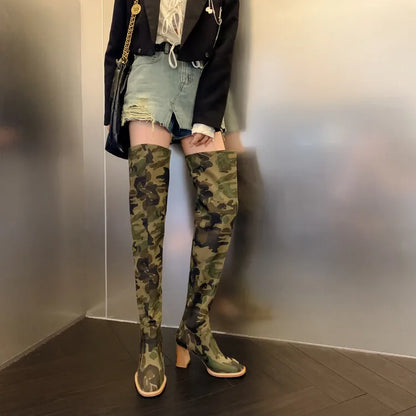 New Camouflage Denim Super Long Boots 34-42 Sewing 7cm Thick Heel Folding Over-the-Knee Boots Denim Blue Knee-High Women's Boots